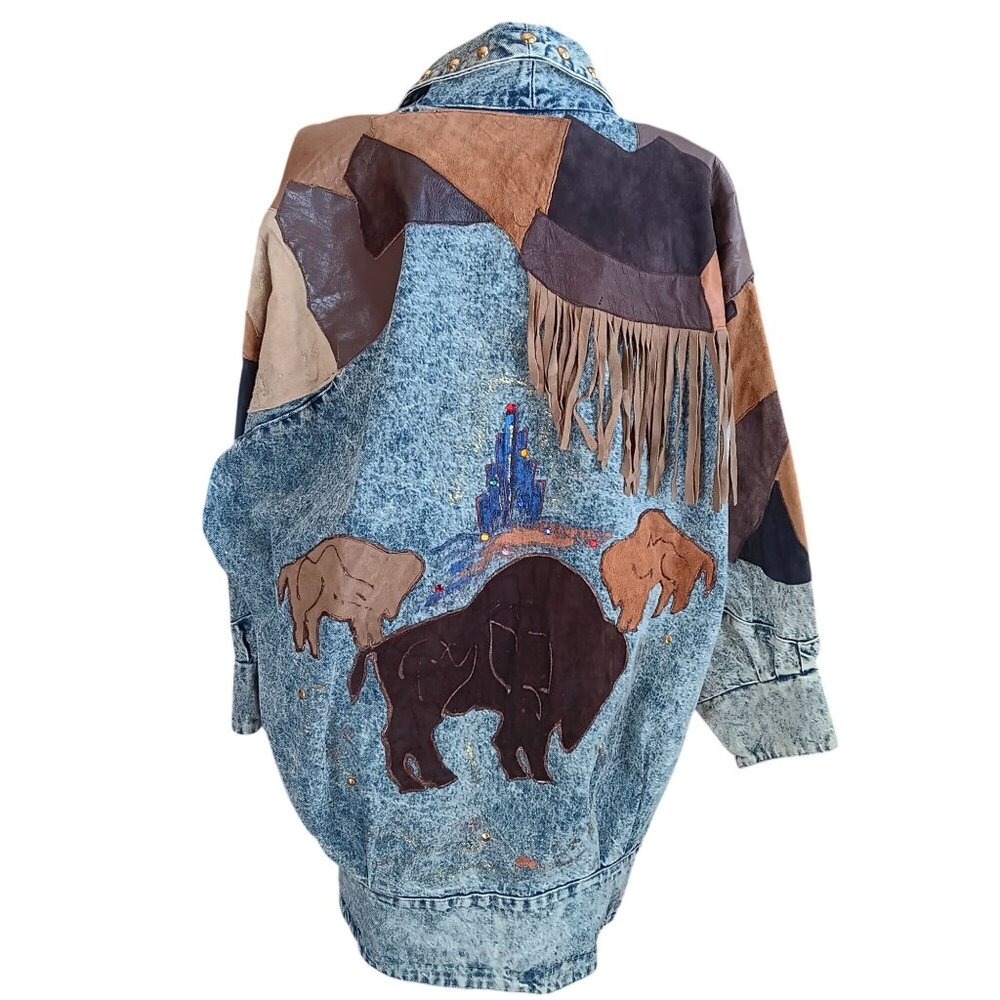 Large Vintage 80's Denim Jacket Acid Wash Buffalo Leather Fringe Oversized Boho